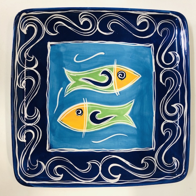 PLATTER, Hand Painted Square Blue Fish